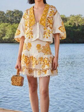 Farm Rio NEW Aura Floral Off-White Cotton Mini Skirt, Extra Large